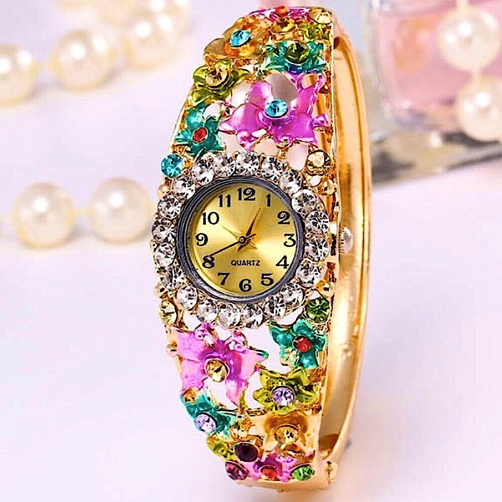 Stainless Steel Crystal Flower Watch Bracelet